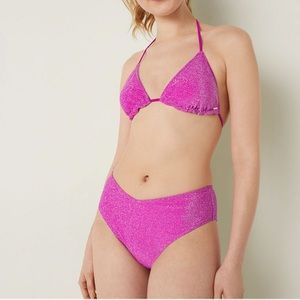 NWOT Pink by Victoria's Secret - SHIMMER HIGH WAIST CHEEKY BIKINI BOTTOM - Sz M